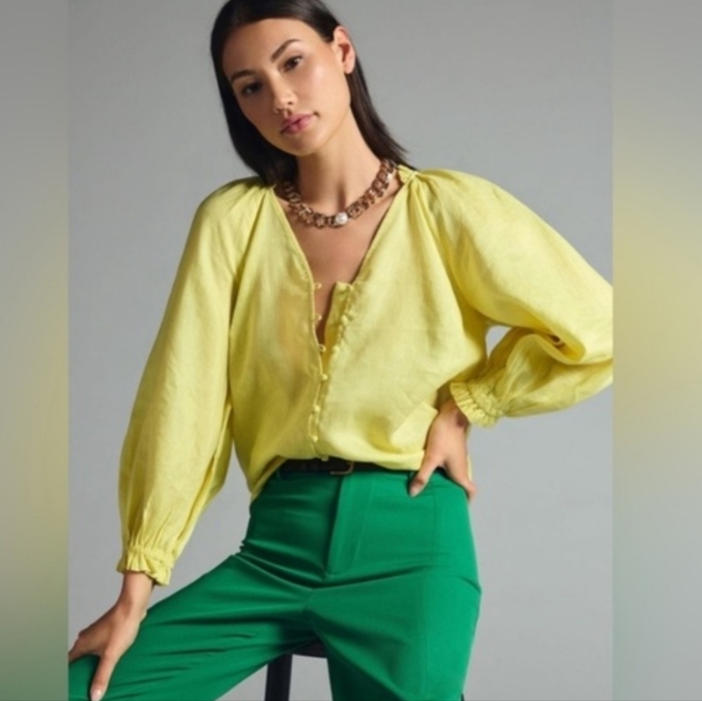 Anthropologie Maeve The Audie Linen Puff-Sleeve Blouse​​ Size Small - Picture 2 of 10
